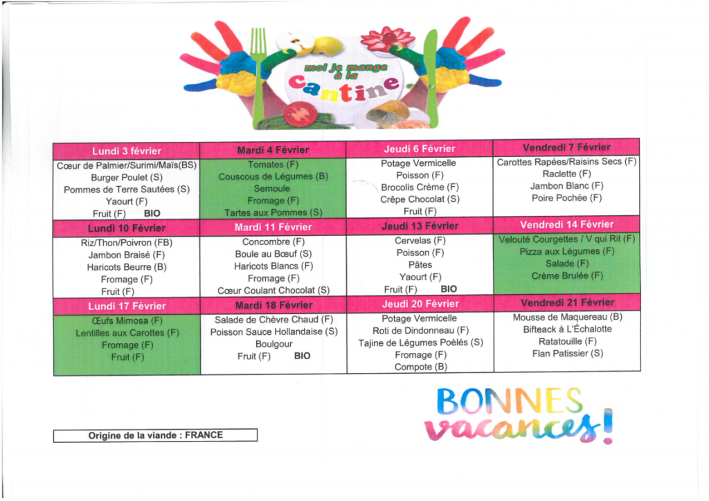 Cantine scolaire : menus de février 2020 | Nanteuil infos (79400 ...